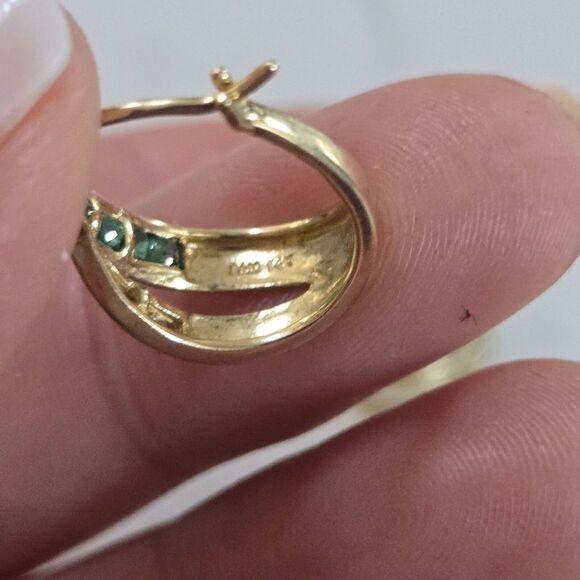 Estate 14K Yellow Gold Emerald Huggie Earrings - Picture 9 of 12